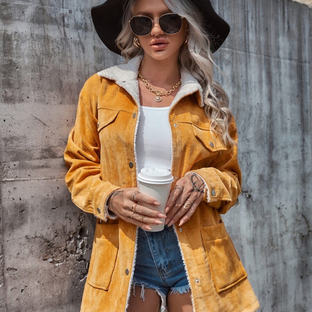 Snap Button Corduroy Shearling Lined Jacket Coat - image 5